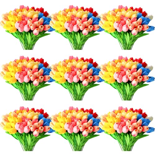 Jexine 100 Pcs Artificial Real Tulips Fake Artificial Tulip Flower Bulk Bouquet with Stem for Table Centerpieces Wedding Bridal Easter Mother's Day Garden Home Decor, 13.4''(Multicolor) - color: Multi Color