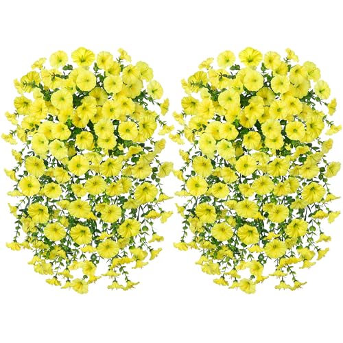 2 PCS Artificial Fall Faux Hanging Flowers Plants for Outdoor Decor,Fake Silk Morning Glory with Eucalyptus UV Resistant Realistic Mums Trailing Vines for Wall Home Porch Patio Balcony Yard,Yellow - color: Yellow