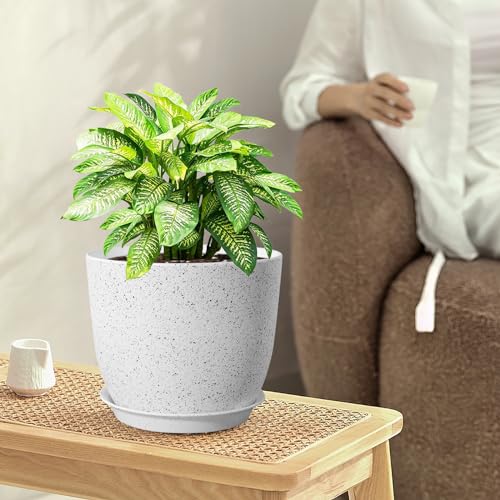 WSMKSZ 10/9/8 inch Medium Plant Pots, Set of 3 Modern Decorative Plastic Planters with Drainage Holes and Saucers for Garden House Plants, Flower Pots for Indoor Outdoor Plants, Speckled White - color: Speckled White, size: 10"+9"+8"