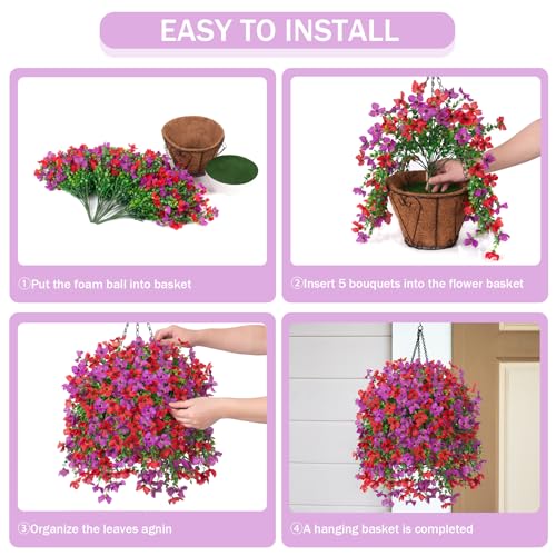 INXUGAO Artificial Hanging Flowers Plants with Basket for Outdoors, Realistic Faux Silk Daisy Flower Eucalyptus for Spring Decor, UV Resistant Fake Plants for Porch Patio Yard Balcony, Red Purple - color: A-purple Red