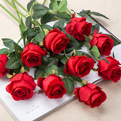 10pcs Artificial Rose Flowers Long Stem Fake Silk Roses for DIY Wedding Bouquet Table Centerpiece Home Decor,Red - color: Red