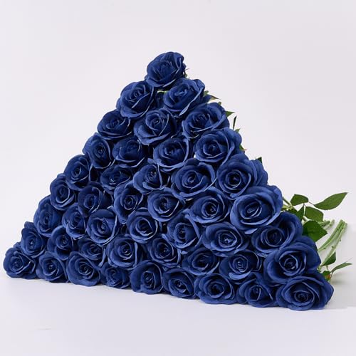 60 PCS Fake Navy Blue Roses Artificial Flowers Bulk Realistic Silk Faux Rose with Stems for Wedding Decoration Anniversary Bridal Bouquet DIY Floral Arrangement Romantic Home Decor Gifts - color: Navy Blue