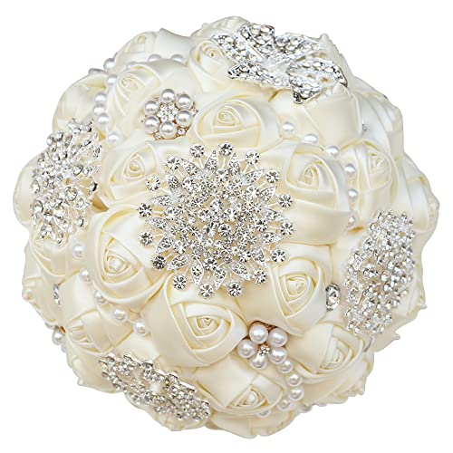 Sharebeauty 7.9 Inch Handmade Satin Rose Bridal Bouquet Toss Round Wedding Bouquet Throw Toss Artificial Flower Bunch Ivory - color: W3217d01 Ivory