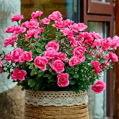 PONKING Artificial Flowers for Outdoors Patio Decoration 6 Bundles Fake Flower Rose UV Resistant Faux Plants Yard Garden Porch Home Boxwood Planter Patio Decor, Fuchsia Flower - color: D Fuchsia Rose 6pcs