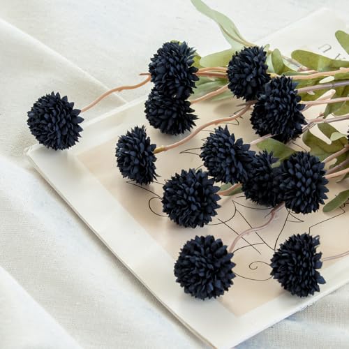 Laelfe Black Kiku Artificial Flower - 5 Pcs Fake Pompon Mums Silk Small Chrysanthemum Faux Ball Flower Stem Decor for Home Wedding Filler DIY Bouquet Centerpieces Arrangements Shower(Black) - color: Black