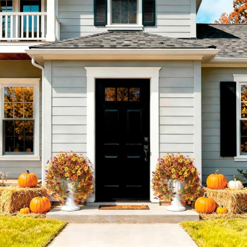 Homsunny Artificial Fake Mums Fall Flowers for Outdoor Decoration | 2 pcs artificial mums,16 branches tips per bunch,realistic and UV-resistant for outdoor use for front,porch,patio balcony - color: Orange Yellow Brown