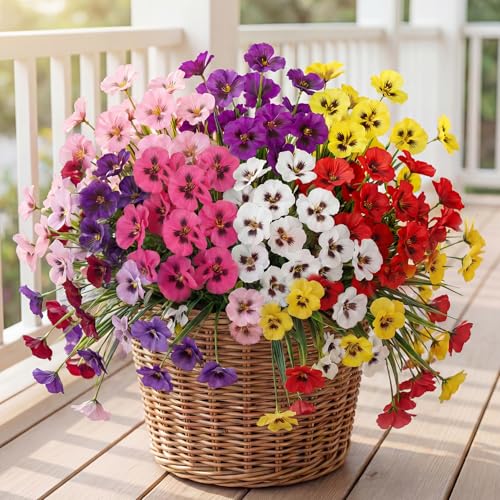 HUITEM 24 Pcs Artificial Fake Pansy Flowers for Outdoor, Silk Faux Pansies Uv Resistant Faux Outdoor Flowers, Spring Flowers for Planter Front Door Porch Yard Patio Window Box Home Decor (6 Color) - color: 6 Color