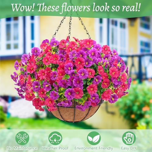 Elyum 2 Pack Artificial Hanging Flowers for Outdoors, Fake Flowers Artificial Petunias Hanging Baskets for Outdoors, UV Resistant Fake Hanging Plants Flowers for Outside Garden Patio Porch Decor - color: Purple&rose Red, size: 2 Pack