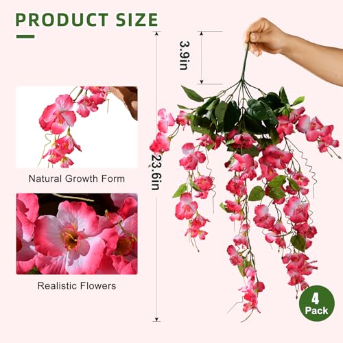 Hibiscus Artificial Hanging Flowers Plants for Outdoors 4 Pcs Fake Flower Faux Silk Hibiscus Long Trailing Vines Realistic Flower for Outside Front Door Porch Patio Balcony Garden Yard (4 Pcs Pink) - color: 4 Pcs Pink