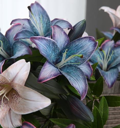 Blue Silk Flowers Fake Lillies 6PCS Vintage Lily Flowers Artificial Fake Blue Flowers Floral Arrangements Wedding Bouquet Party Eater Home Table Decor - color: 6pcs-blue