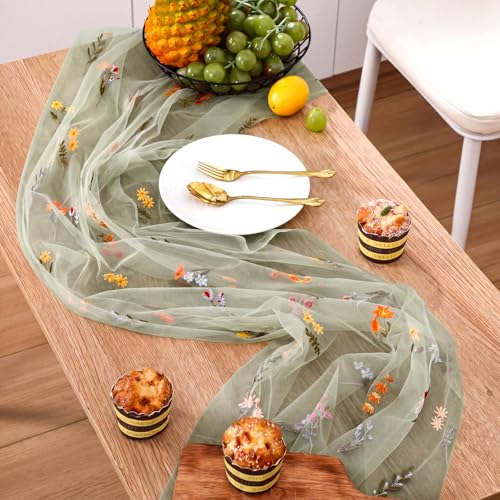 Boao 1 Pcs Wildflower Table Runner Embroidery Tulle Spring Summer Table Runner 120 Inch 10 ft Kitchen Dining Decoration for Wedding Baby Shower Bridal Shower Home Decor Birthday Party (Sage Green) - color: Sage Green, size: Wildflower