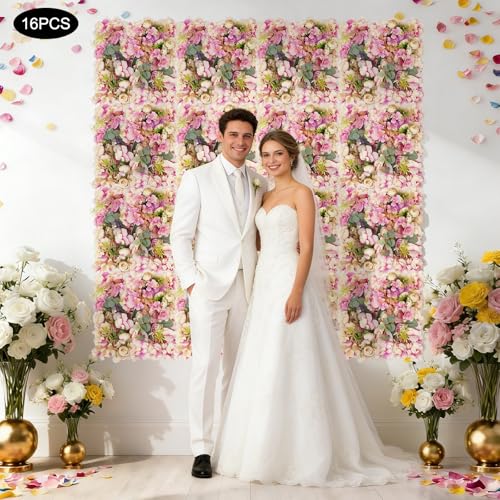Flower Wall Backdrop, 14x14 Inch Artificial Flower Wall Panels, Peony Dahlia Wall Flowers Wall Decor for Photo Background Home Party Wedding Backdrop Decoration (Purple) - color: Purple