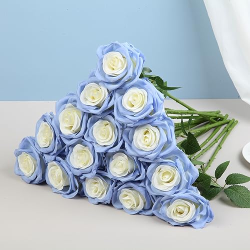 15pcs Fake Roses Artificial Silk Flowers Faux Rose Flower Long Stems Bouquet for Arrangement Wedding Centerpiece Party Home Kitchen Decor - color: 15pcs Light Delphinium Blue