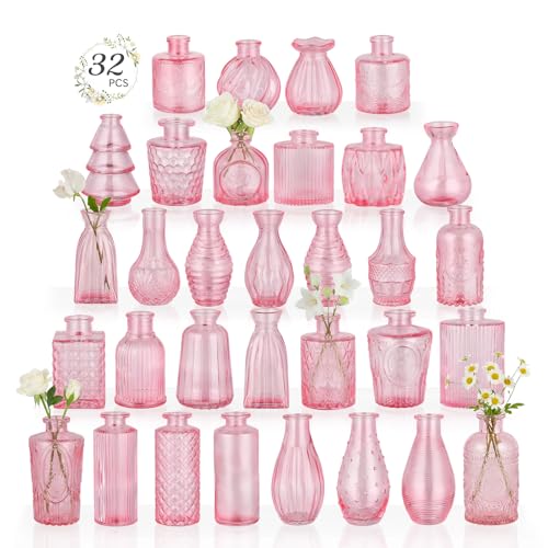 RUCKAE Glass Bud Vases Mini Flower Vase Small Vintage Vases for Centerpiece Table Wedding Decorations Home Decor Party(Pink 32pack) - color: Pink