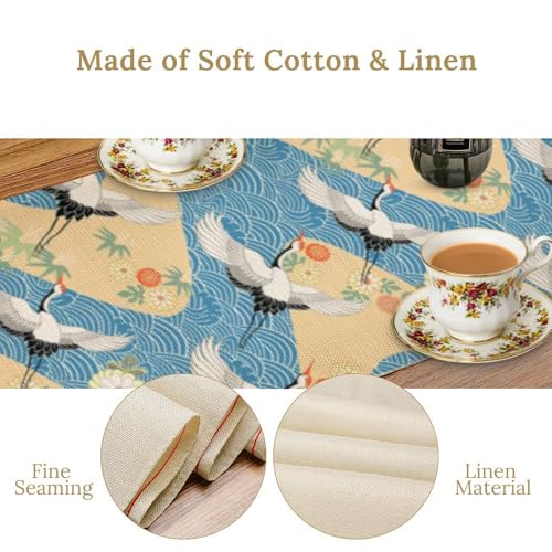 Japanese Crane Table Runner Flowers Art Printed Burlap Runner for Home Kitchen Dining Table Living Room Decor Fabric 1 Panel W13xL36in - color: Japanese Style-6, size: 13"W x 36"H