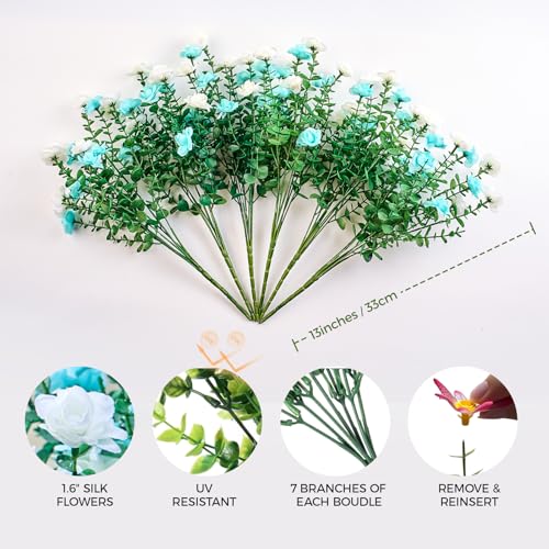 PONKING Artificial Flowers for Outdoors Patio Decoration 6 Bundles Fake Flower Rose Head UV Resistant Faux Plants Yard Garden Porch Home Boxwood Patio Independence Day Decor, Mix Blue & White Flower - color: C White Blue Rose 6pcs