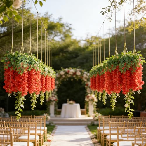 HUAHUA Artificial Wisteria Flowers, White Dense Artificial Fake Wisteria Vine Ratta Hanging Garland Silk Flowers String for Home Party Wedding Decor (24pcs Red) - color: 24pcs Red