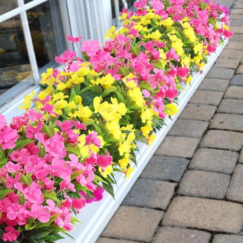 CITYES 4 Pcs Artificial Flowers Outdoor Impatiens UV Resistant Silk Impatiens Flowers Rose Red Faux Flowers Impatiens Bushes Artificial Impatiens for Pot Patio Lawn Garden Hanging Basket Porch Decor - color: Rose Red
