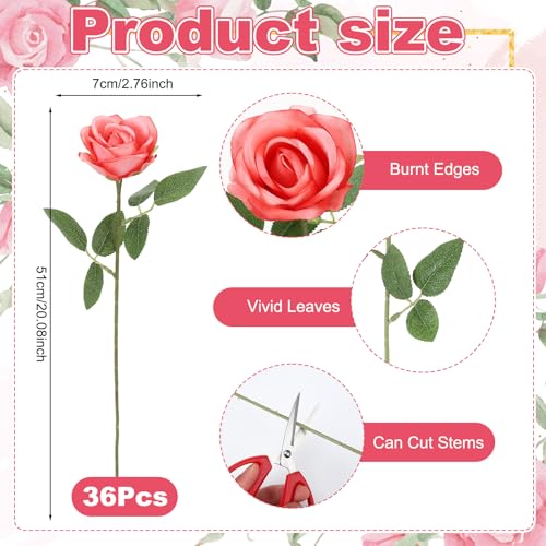 36 Pcs Deep Pink Artificial Roses with Long Stems, Fake Silk Rose Artificial Flowers Bulk for Bridal Wedding Bouquet Centerpiece Ball Arrangement Party Decor - color: Deep Pink