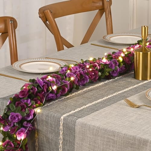 BLEUM CADE 12Pcs 98.4Ft Flower Garland Artificial Rose Vines with 98.4Ft String Lights, Cute Fake Hanging Flower Vines Floral Garland Decorations for Wedding Party Wall Room Decor Aesthetic - color: Purple With Lights, size: 12 Pcs