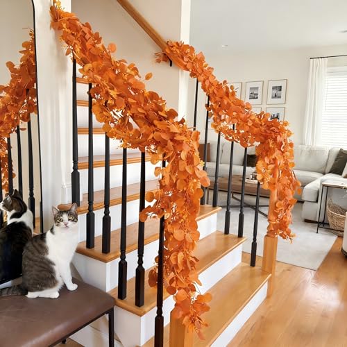 CQURE 3Pcs Eucalyptus Garland,Artificial Eucalyptus Leaves Table Greenery Garland Wreath Vines for Wedding Party Table Fireplace Bedroom Wall Room Decor - size: 17.7 Ft-Orange