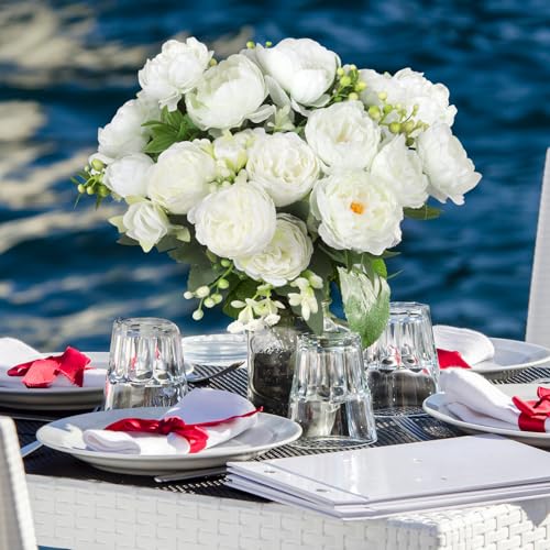 8 Bundles Artificial Peonies Silk Flowers White Faux Peony Bouquet Florals Arrangements Decor for Farmhouse Home Boho Bridal Wedding Table Centerpiece Decoration (White) - color: White