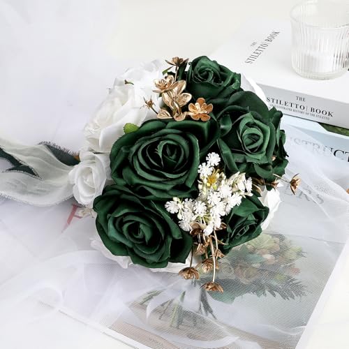 Wedding Bouquet for Bride - Premade Simple Artificial Roses Flowers for Bridal Shower Destination Ceremony Anniversary Decorations - Emerald Green & Gold & White - color: Emerald Green & Gold & White