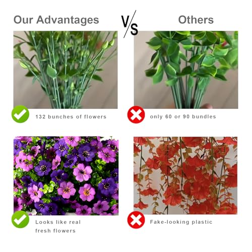 Artificial Hanging Flowers Plants for Outdoors, 2 PCS UV Resistant Faux Silk Daisy(132 Branches Per Bundle), Home Garden Balcony Yard Porch Decor(Double Purple) - color: Double Purple