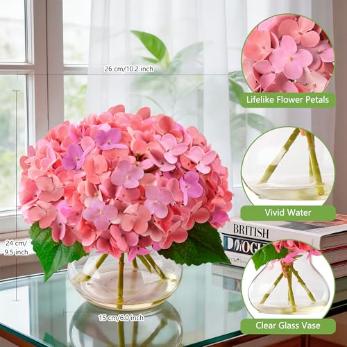 Real Touch Faux Hydrangea Flowers in Glass Vase, No Watering Needed Silk Hydrangea Artificial Flowers for Farmhouse Wedding Decor Dining Table Centerpiece Bedroom Decor - color: Fuchsia