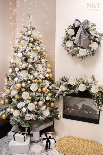 N&T NIETING Artificial Flowers Glitter Roses Flowers 25pcs White Foam Shiny Roses Real Touch Fake Roses with Stem for DIY Wedding Bouquets Centerpieces Bridal Shower Party Tables Home Decorations - color: Glitter White, size: 25pcs