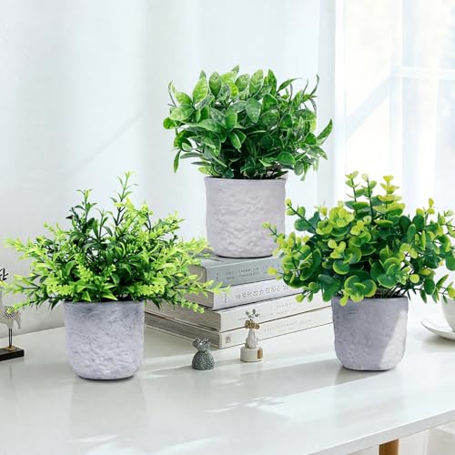 3-Pack Potted Artificial Plants, Small Eucalyptus Faux Plants for Shelf Desk Home Bathroom Farmhouse Room Coffee Table Decor (Green) - color: Green