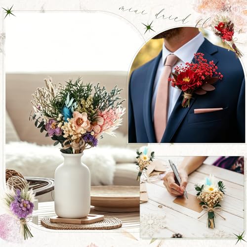 Layhit 12 Pcs Boho Dried Flower Bouquet Mini Wedding Handmade Dry Flowers Decor for Vase Crafts DIY Photo Boutonniere for Men Floral Plant for Bridesmaid Gift Birthday Decor(Camellia) - style: Camellia
