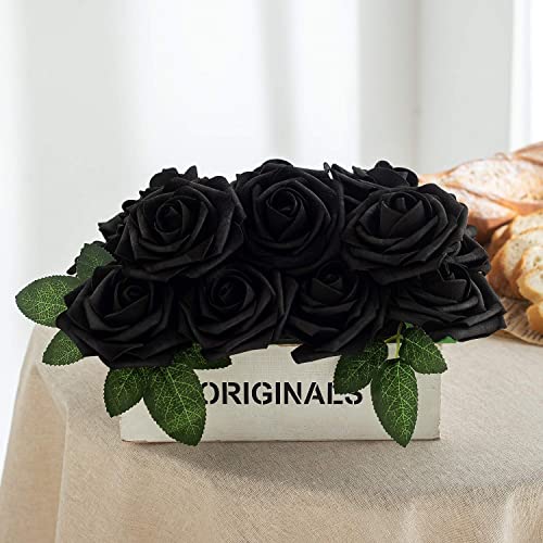 25pcs Artificial Flower Foam Rose Real Touch Roses Flower Heads with Stem for DIY Wedding Bouquets Centerpieces Arrangements Party Baby Shower Home Decor (Black) - color: Black