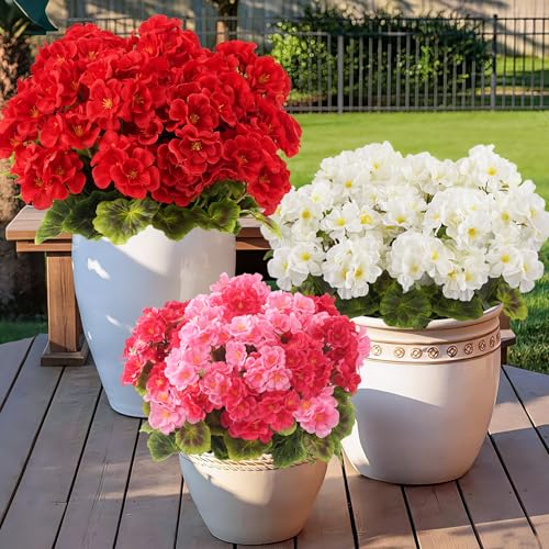 BonBloom's 12 Bundles Artificial Geranium Flowers for Outdoors, UV Resistant Realistic Silk Flowers Fake Plants for Front Door Porch Garden, Balcony Window Box Indoor Home Spring Decor, Mixed Color - color: Mixed Pink& Rose Red, size: 12 pack