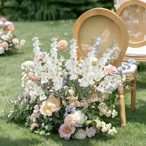 16Pcs White Delphinium Artificial Flowers 33.5'' Long Stem Silk Larkspur Flowers Bulk Faux Silk Flowers for Tall Vase Wedding Table Centerpieces Home Garden Outdoor Decor（White） - color: White
