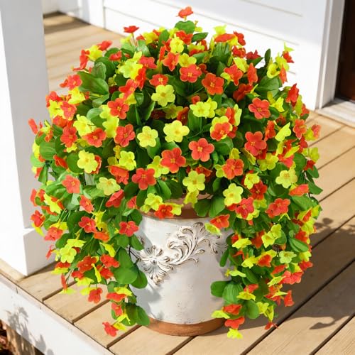 Artificial Fake Hanging Flowers for Outdoors, 2 Pcs Artificial Hanging Plants Outdoors Spring Summer Decor, UV Resistant Faux Violet Silk Flowers for Planters Front Door Yard Garden(Orange Yellow) - color: Orange Yellow