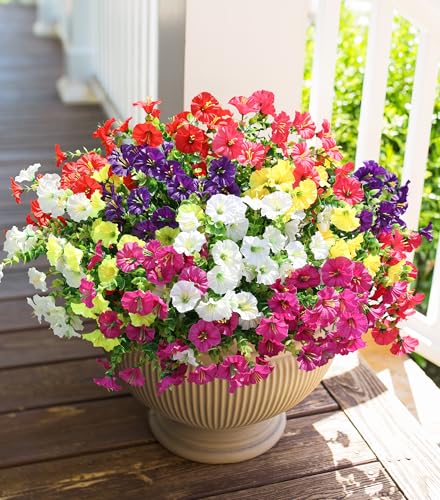 HyeFlora Artificial Flowers for Outdoors Fake Plants Outside Decoration, 12 Bundles Silk Colorful Morning Glory with Eucalyptus UV Resistant Realistic Faux Flowers for Planter Porch Patio Yard Garden - color: Six Mixed(2 Purple, 2 Red, 2 Fuchsia, 2 Hot Pi