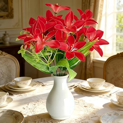 5PCS Rose Red Artificial Lilies Fake Lily Flowers, 18 Heads Bouquet Home Decor Easter Spring Wedding Centerpieces Indoor Outdoor Faux Floral Arrangements, Mother's Day Valentine's Day Gift