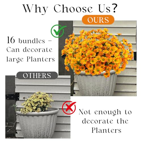 16 Bundles Silk Daisy Artificial Flowers for Outdoors UV Resistant Fake Daisies Plastic Plants Flower for Home Outside Front Door Porch Garden Patio Planters Decoration (Orange) - color: Orange