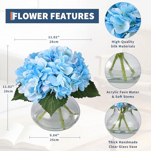 Artificial Hydrangea Flowers with Glass Vase & Fake Water - Faux Hydrangea for Home Table, Wedding Party, Office Decor | Realistic Fake Hydrangeas, Silk Flowers for Vase Arrangement(Hydrangea, blue) - color: Hydrangea, Blue