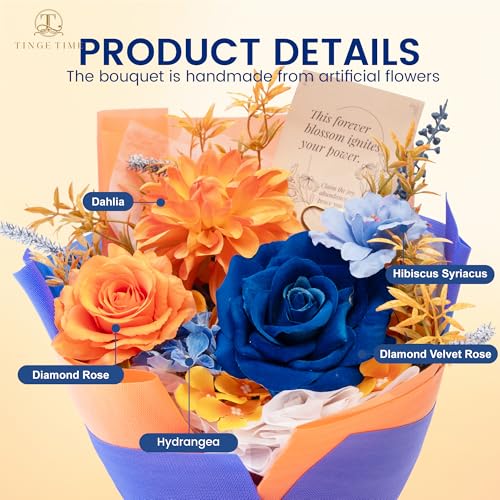 TINGE TIME Preserved Flowers Bouquet, Orange & Navy Blue Roses Gift Bouquet, Eternal Roses Bouquet for Wedding, Table Centerpieces, Mothers Day, Birthday Gifts, Anniversary, Graduation - color: Brunt Orange&Royal Blue