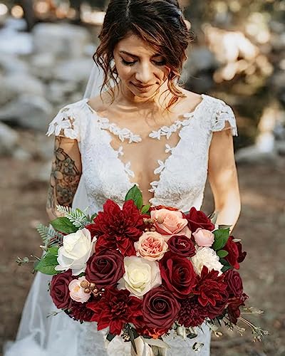 FACINOC Roses Artificial Flowers Red Bouquet Box Set Fake Flower for DIY Bridal Wedding Shower Decorations Centerpieces for Table Faux Silk Floral Arrangement for Party Home Decor Indoor Burgundy - color: T (Red, Burgundy)
