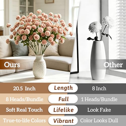 8pcs Blush Pink Fake Silk Pompon Mum Artificial Flowers,Mini Artificial Chrysanthemums with Stems,Faux Flowers For Vase,for Wedding Centerpieces, flower arrangements, vase fillers, and home decor - color: Blush Pink