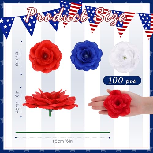 Yunlly 100 Pcs Artificial Flowers Fake Silk Roses Long Stem Rose Bouquet Wedding Party Home Decor for DIY Baby Shower Centerpieces Tables Home Decorations(Blue, White,Red) - color: Blue, White, Red