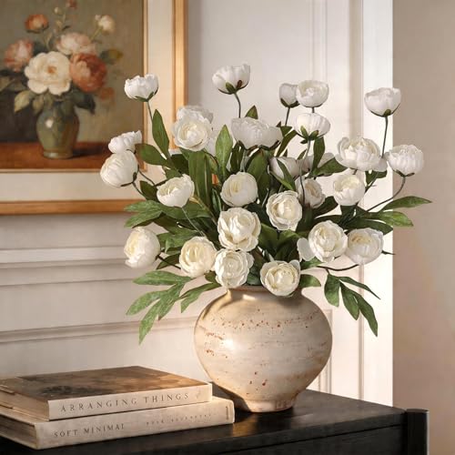 6 PCS 27"Artificial Peony Branches, Realistic Silk Peonies Stems(Cream) | Easy DIY Styling, Plump and Delicate, Look Real Faux Flowers, for DIY Bouquet/Vase/Table Centerpieces/Farmhouse/Home Decor