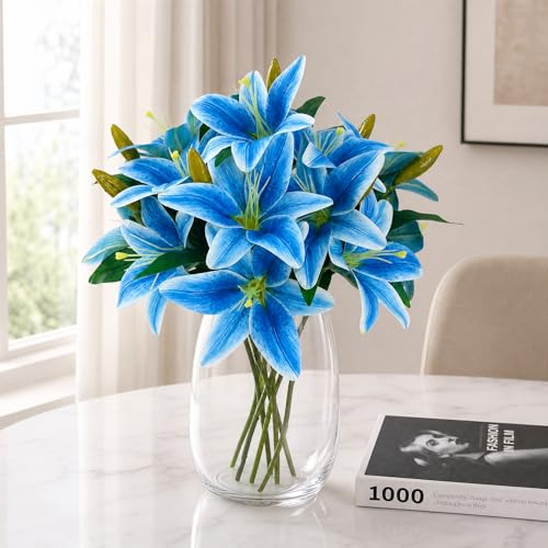 ATFL Artificial Lilies Flowers,9 Pcs Faux Lily Flowers,16''Tiger Lily Branches with 2 Full Blooms and 1 Bud,Faux Fake Lilies Plants for Wedding Bouquet Floral Arrangements (9, Blue) - color: Blue