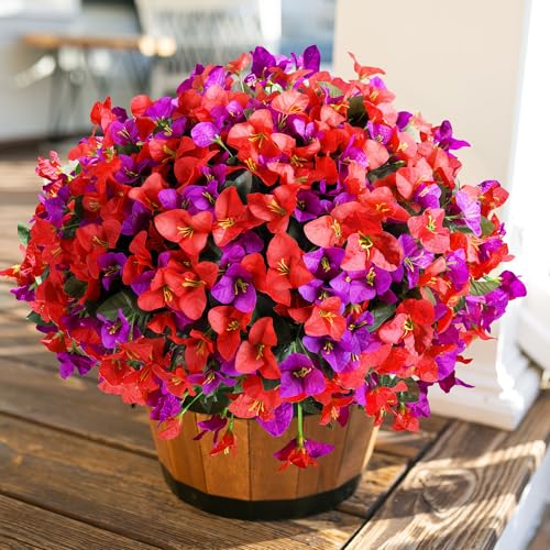Artificial Faux Flowers for Outdoors Spring Summer Outside Decor, 4 Bundles Fake Silk Bougainvillea UV Resistant Look Real Faux Plants for Planter Patio Porch Window Garden Home Decoration, RedPurple - color: Redpurple