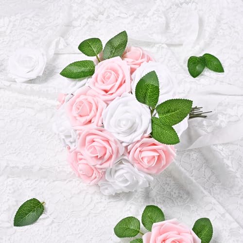 25 Pcs Artificial Flowers Fake Rose with Stems - Pink Real Touch Foam Roses for DIY Wedding Bouquet Bridal Shower Cake Toppers Centerpiece Table Valentines Day Decorations - color: Pink, size: 25Pcs