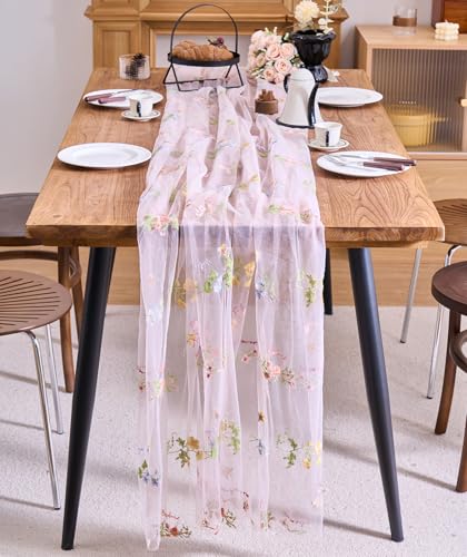 vctops 2 Packs Embroidery Lace Fall Table Runner 10ft Floral Garden Seasonal Tulle Table Runner Holiday Kitchen Dining Table Decoration for Wedding Party Baby Shower Birthday (Pink,30"x120") - color: Pink