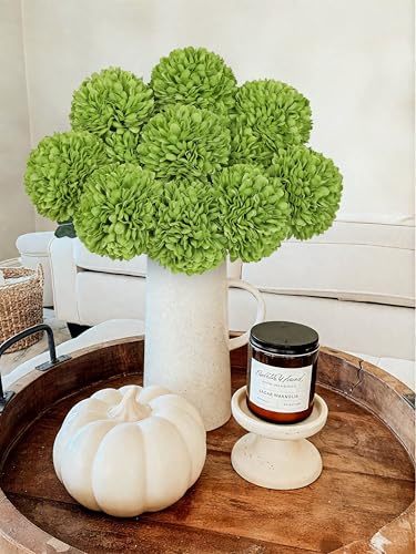 Briful 12 Pcs Artificial Green Chrysanthemum Stems – 11” Tall Silk Mums Flower Heads with Green Leaves, Flexible Stems for Fall Floral Pick Arrangements, Home, Wedding & Seasonal Decorations - color: 3.5'' Dia. 12pcs Green
